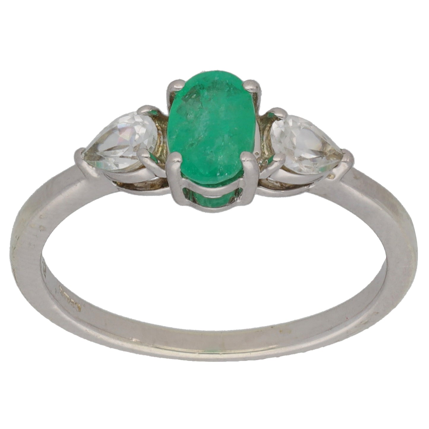 9ct White Gold Emerald & Imitation Trilogy Ring Size L