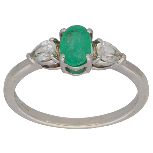 9ct White Gold Emerald & Imitation Trilogy Ring Size L