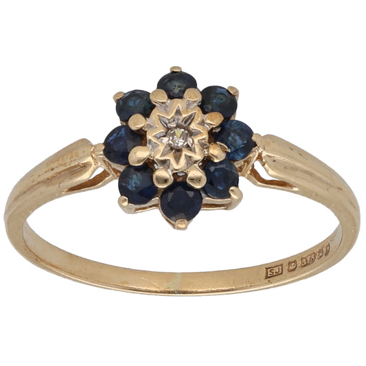 9ct Gold Sapphire & 0.01ct Diamond Cluster Ring Size L