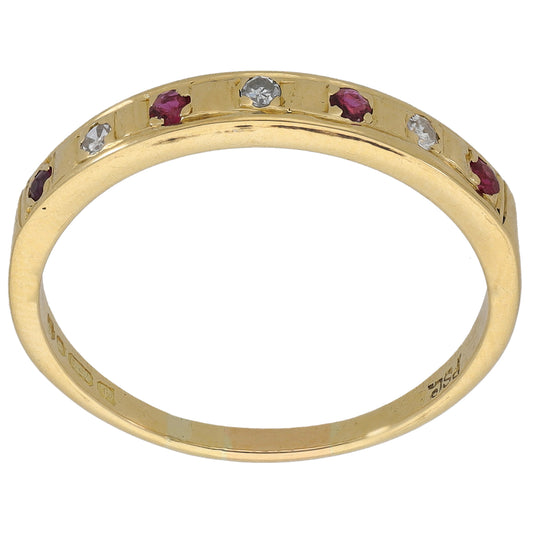 18ct Gold 0.03ct Diamond & Ruby Half Eternity Ring Size T