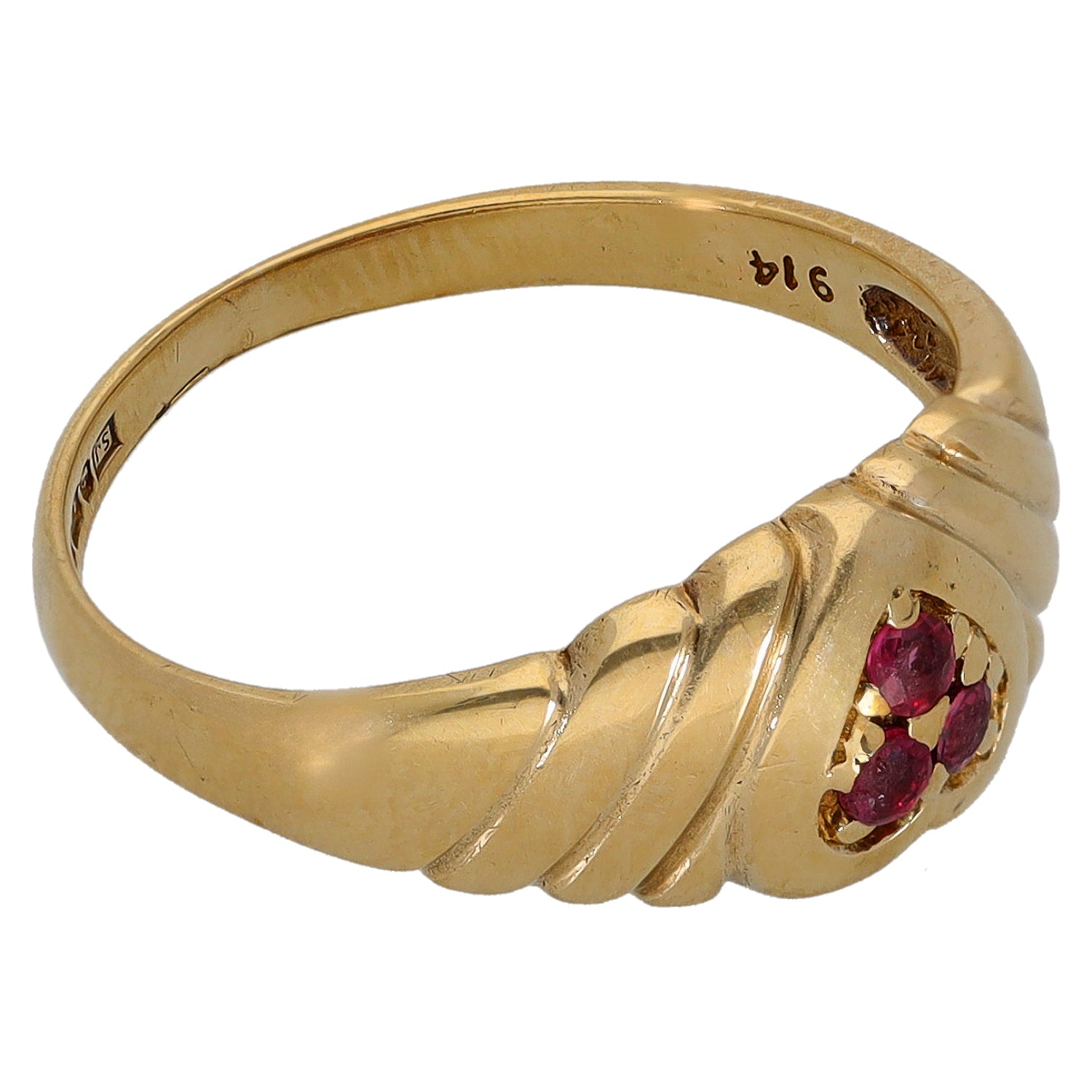9ct gold ruby ring, ridged band with three red stones set on the side