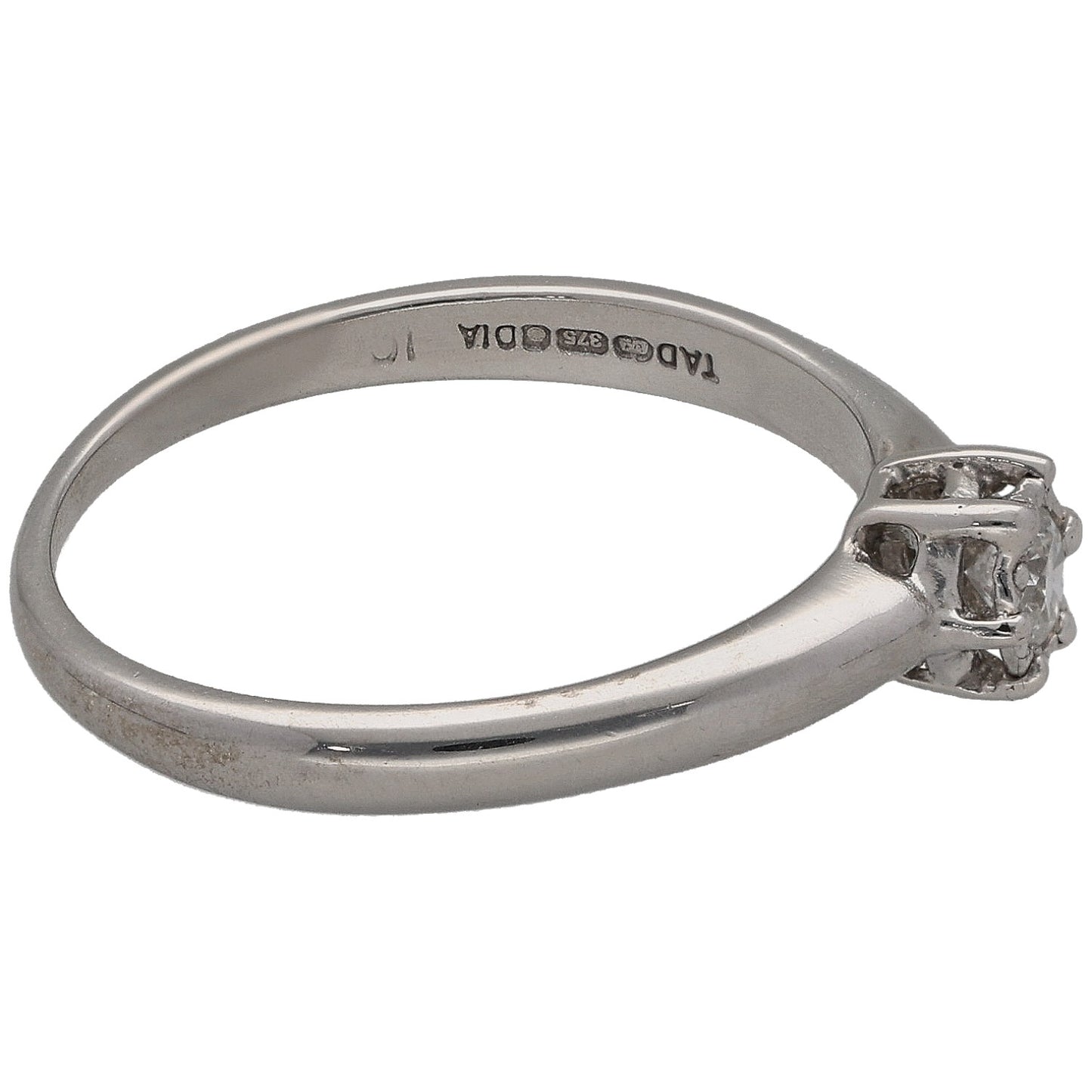 9ct white gold solitaire ring with round diamond and engraved inside band