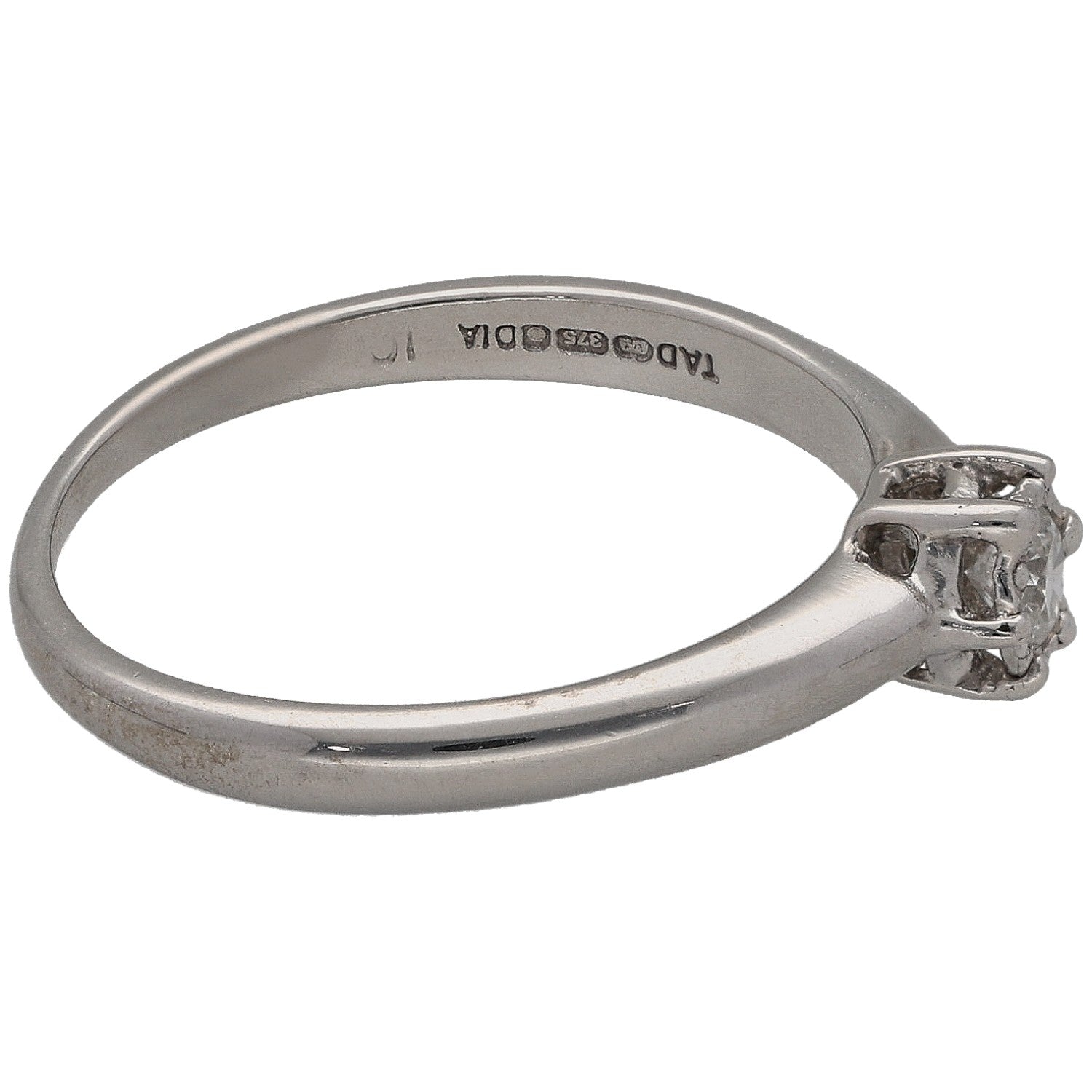 9ct white gold solitaire ring with round diamond and engraved inside band