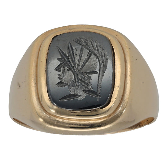 9ct Gold Hematite Plain Single Stone Signet Ring Size S