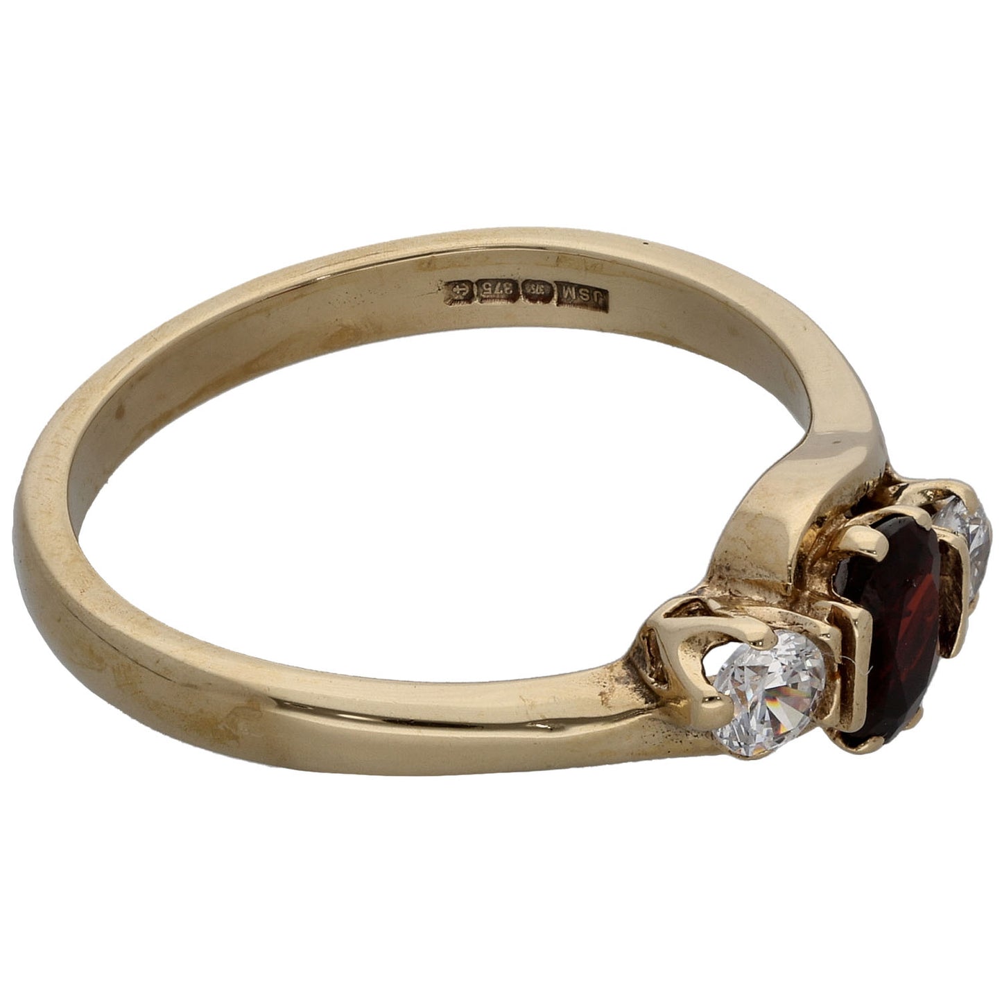 9ct Gold Garnet & Cubic Zirconia Three Stone Ring Size P