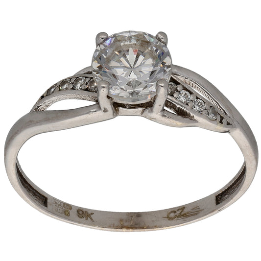 9ct White Gold Cubic Zirconia Single Stone Ring with Accent Stones Size S