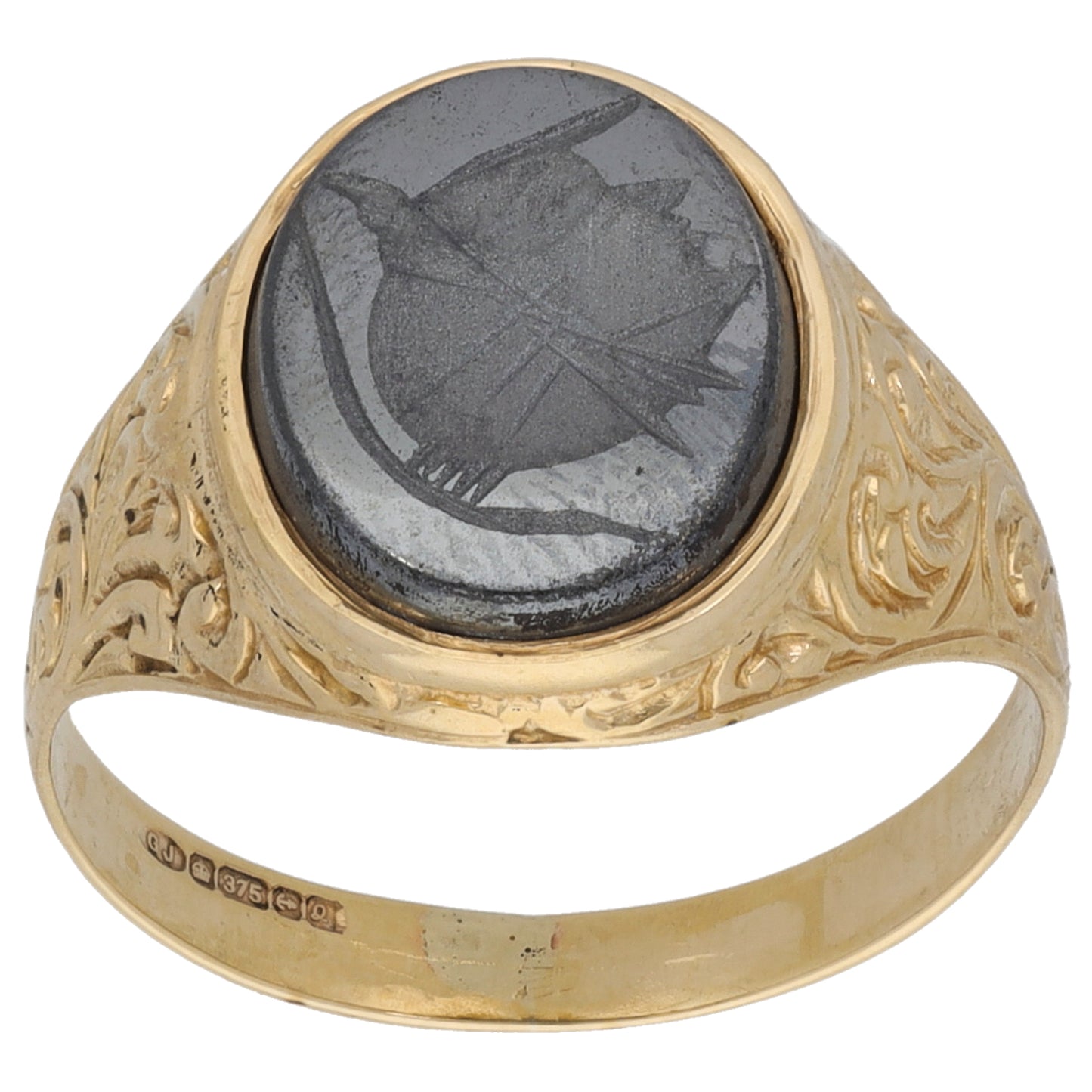 9ct Gold Hematite Crest/Emblem Signet Ring Size N