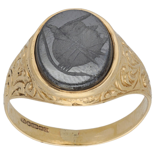 9ct Gold Hematite Crest/Emblem Signet Ring Size N