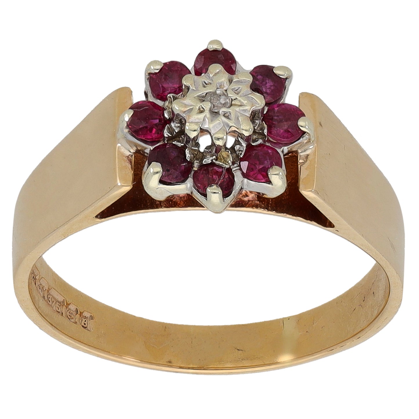 9ct Gold Ruby & 0.005ct Diamond Cluster Ring Size R