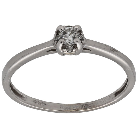 9ct white gold diamond solitaire ring, round cluster setting, size O