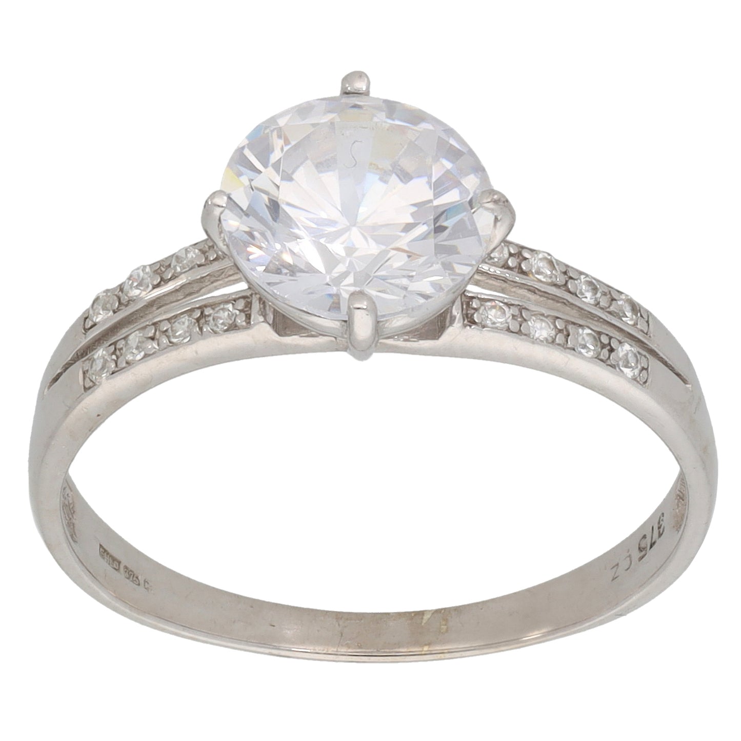 9ct White Gold Cubic Zirconia Single Stone Ring with Accent Stones Size Q