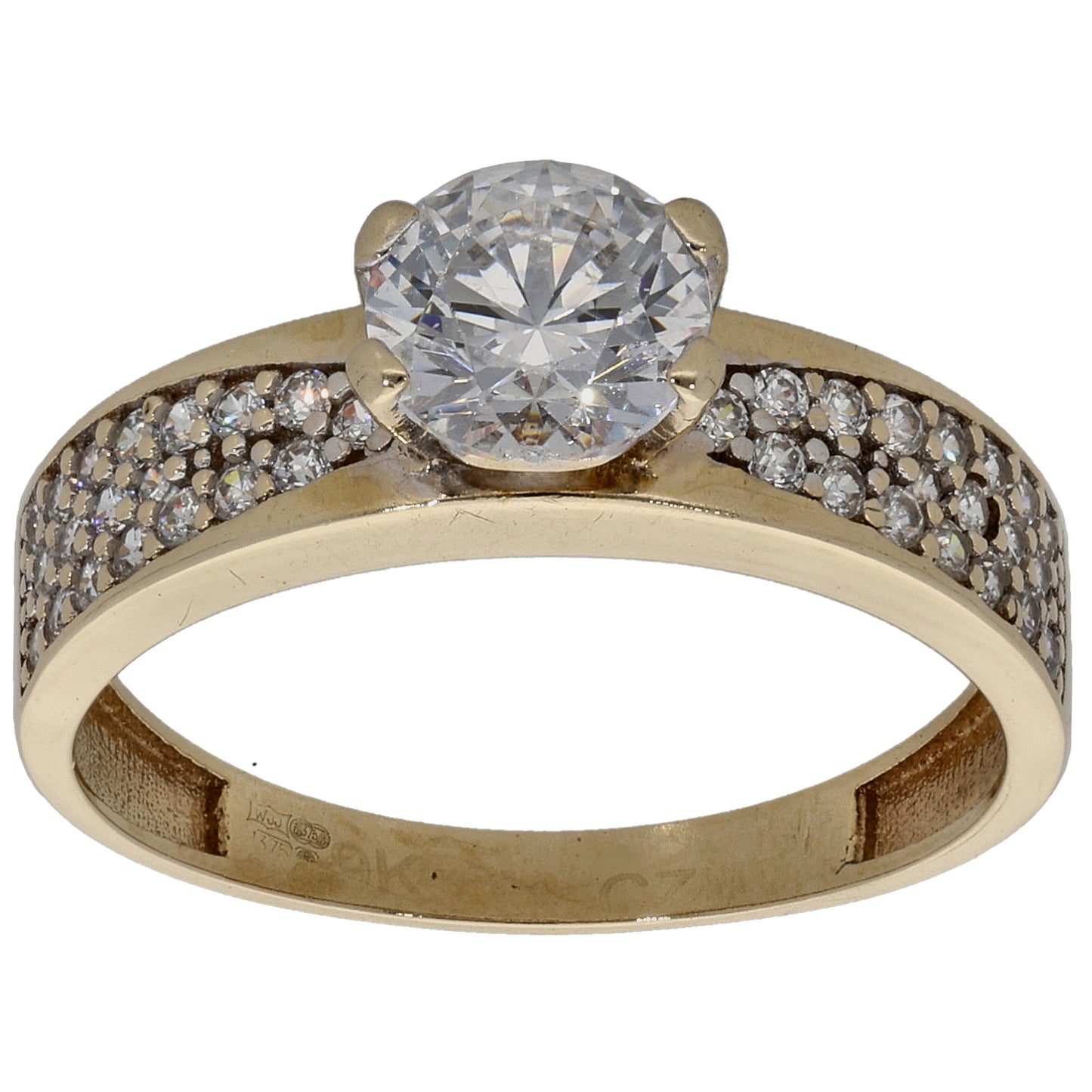 9ct Gold Cubic Zirconia Single Stone Ring with Accent Stones Size P