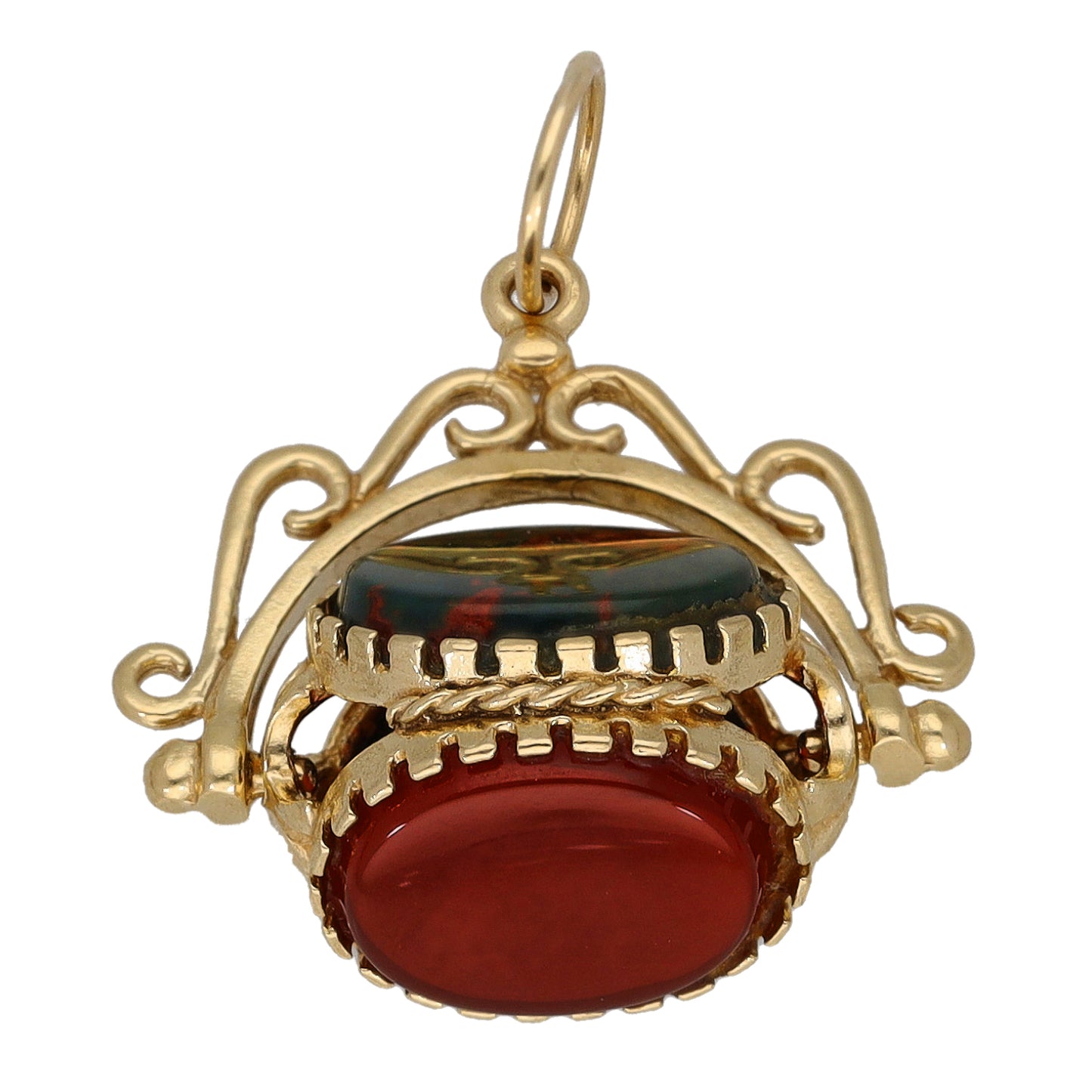 9ct gold fob pendant with red oval stone and dark stone, openwork scroll setting
