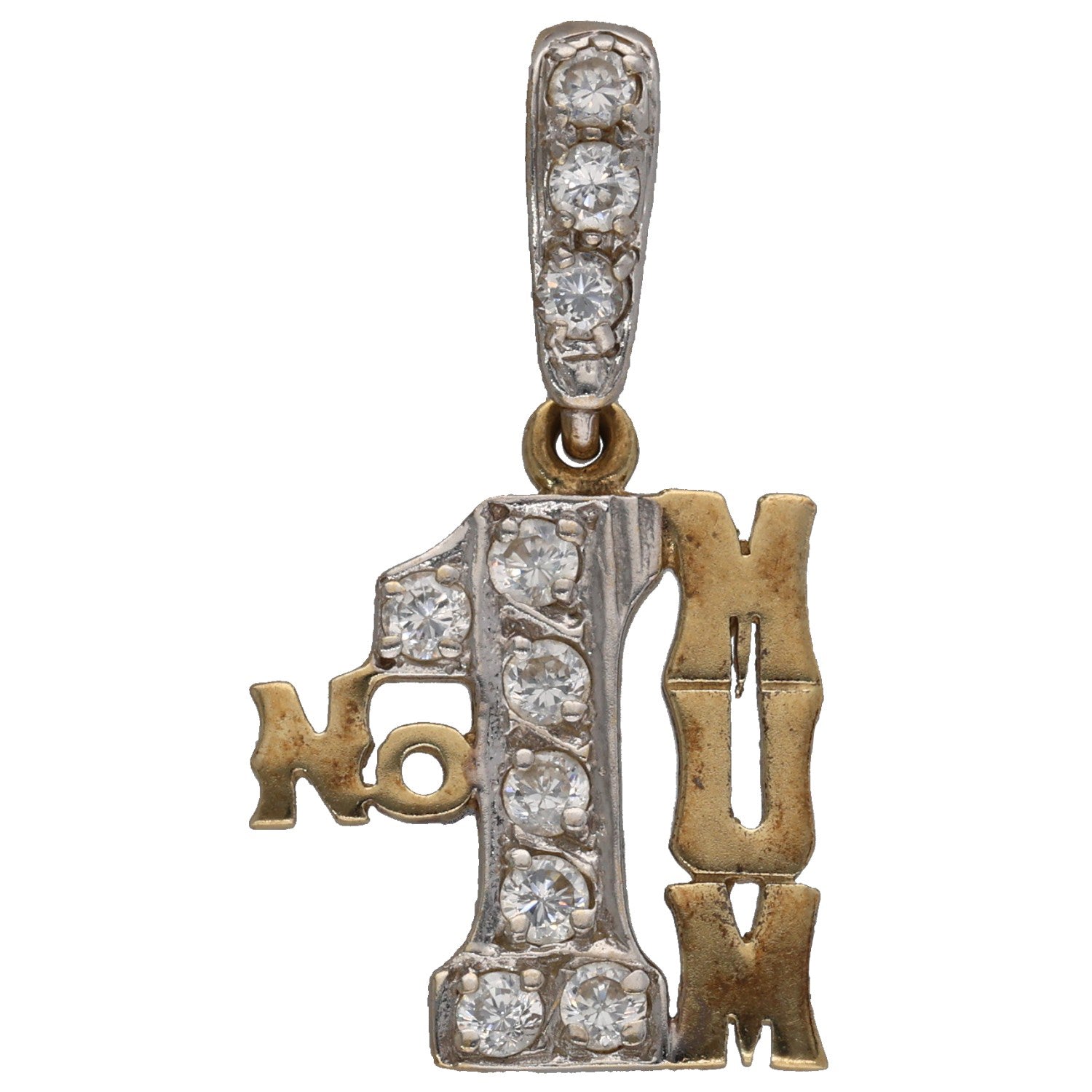 Gold CZ mother pendant with 'MOM' letters and hanging loop
