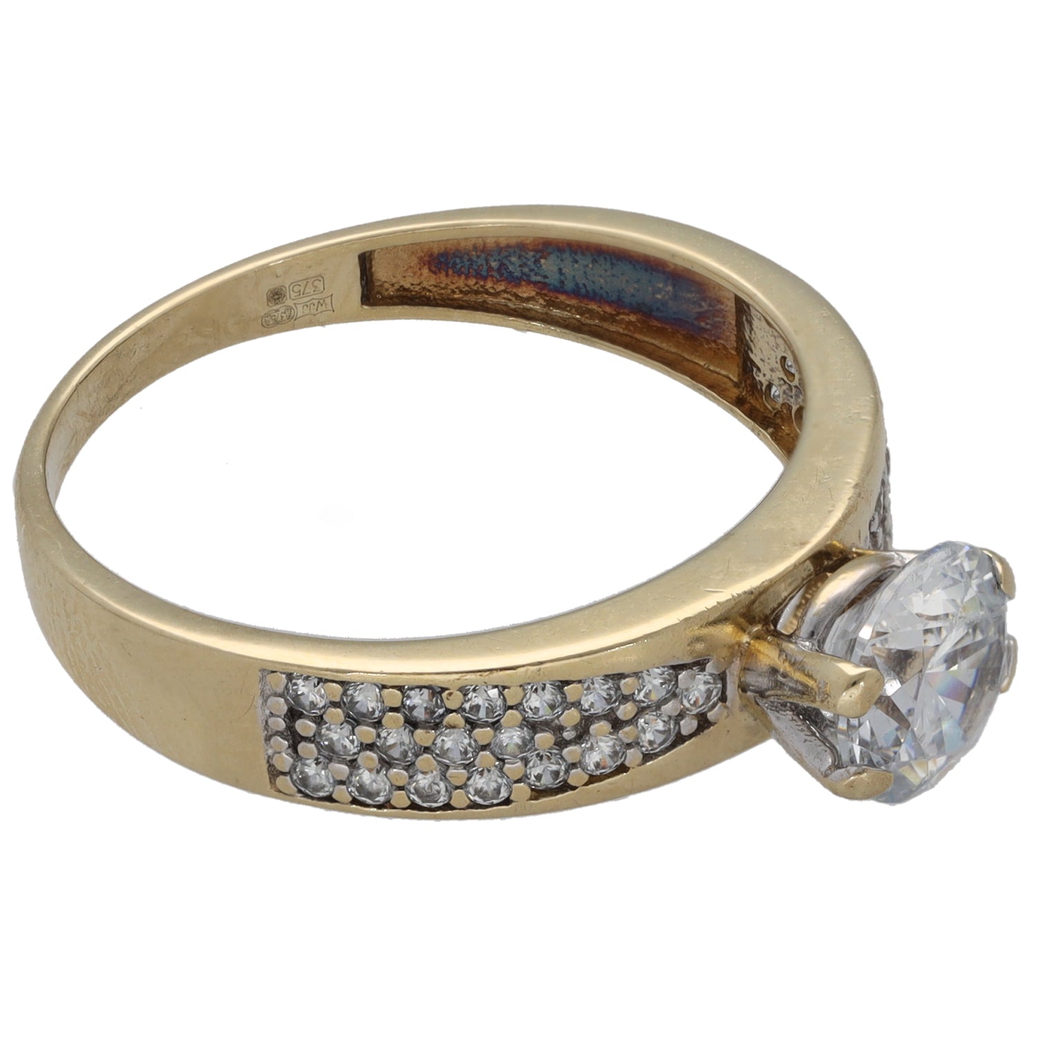 9ct gold CZ cocktail ring with clear round stone and pavé-set band