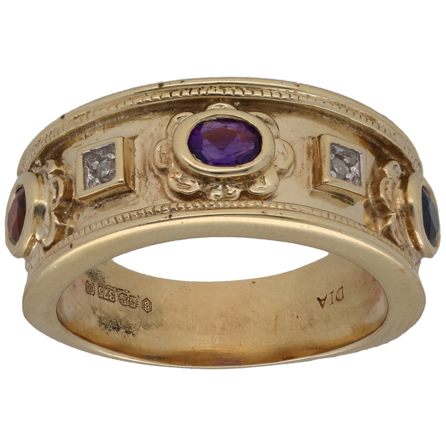 9ct Gold Garnet, Amethyst, Sapphire & 0.02ct Diamond Dress/Cocktail Ring Size N