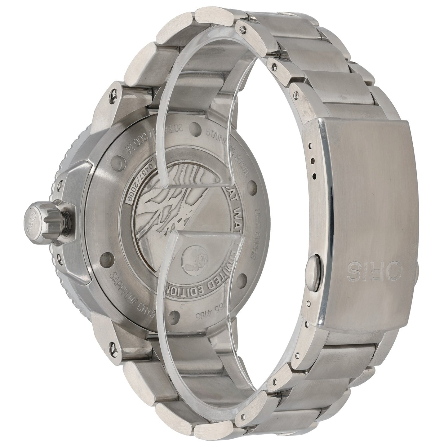 Oris Aquis 01 761 7765 4185 Stainless steel watch caseback view with engraved back and metal bracelet