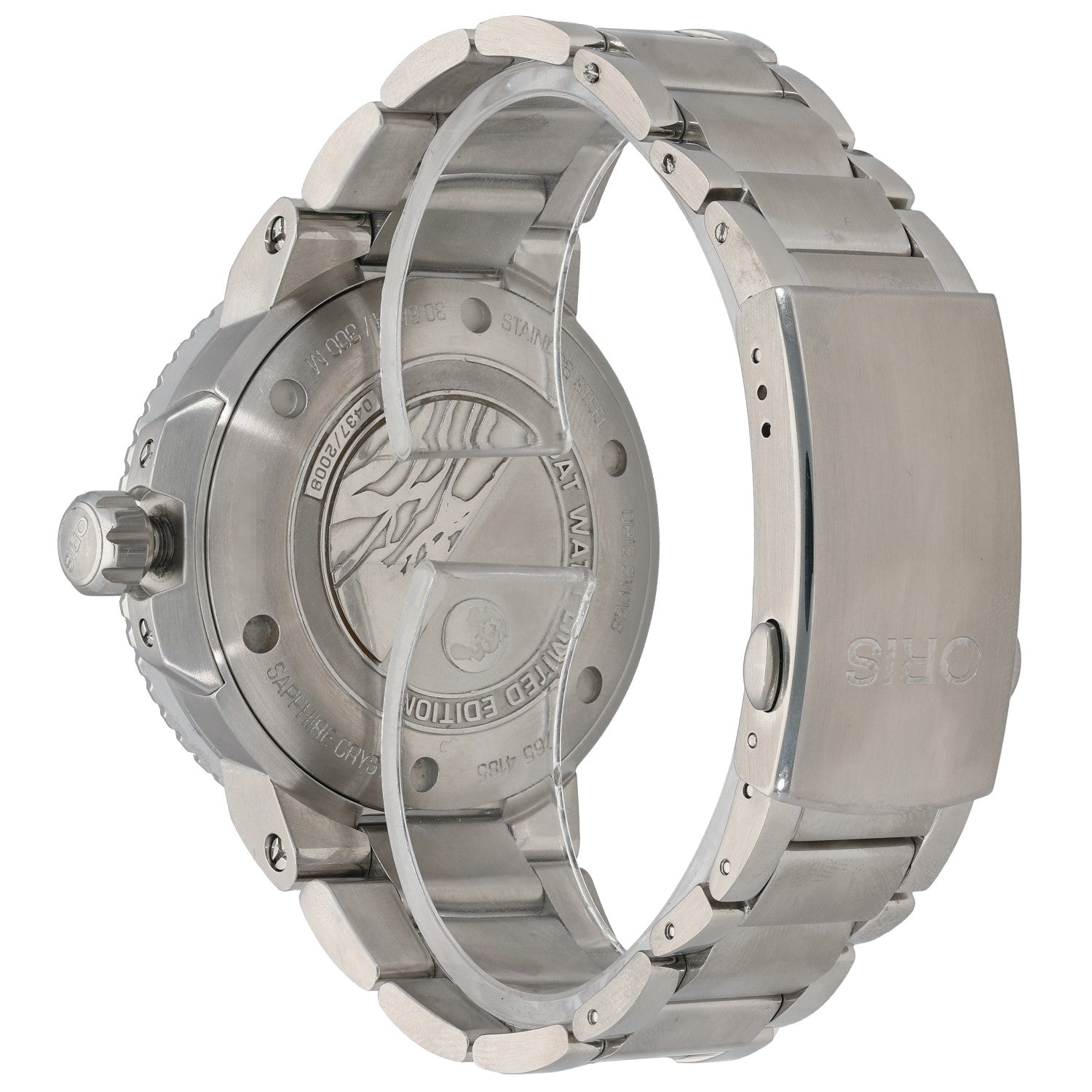 Oris Aquis 01 761 7765 4185 Stainless steel watch caseback view with engraved back and metal bracelet