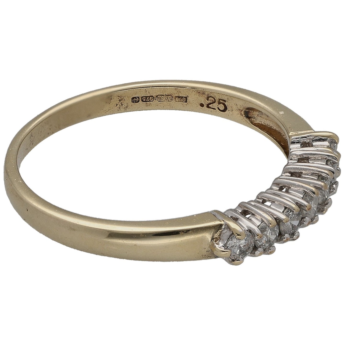 9ct gold ring side view, round diamonds prong-set along the half-eternity band