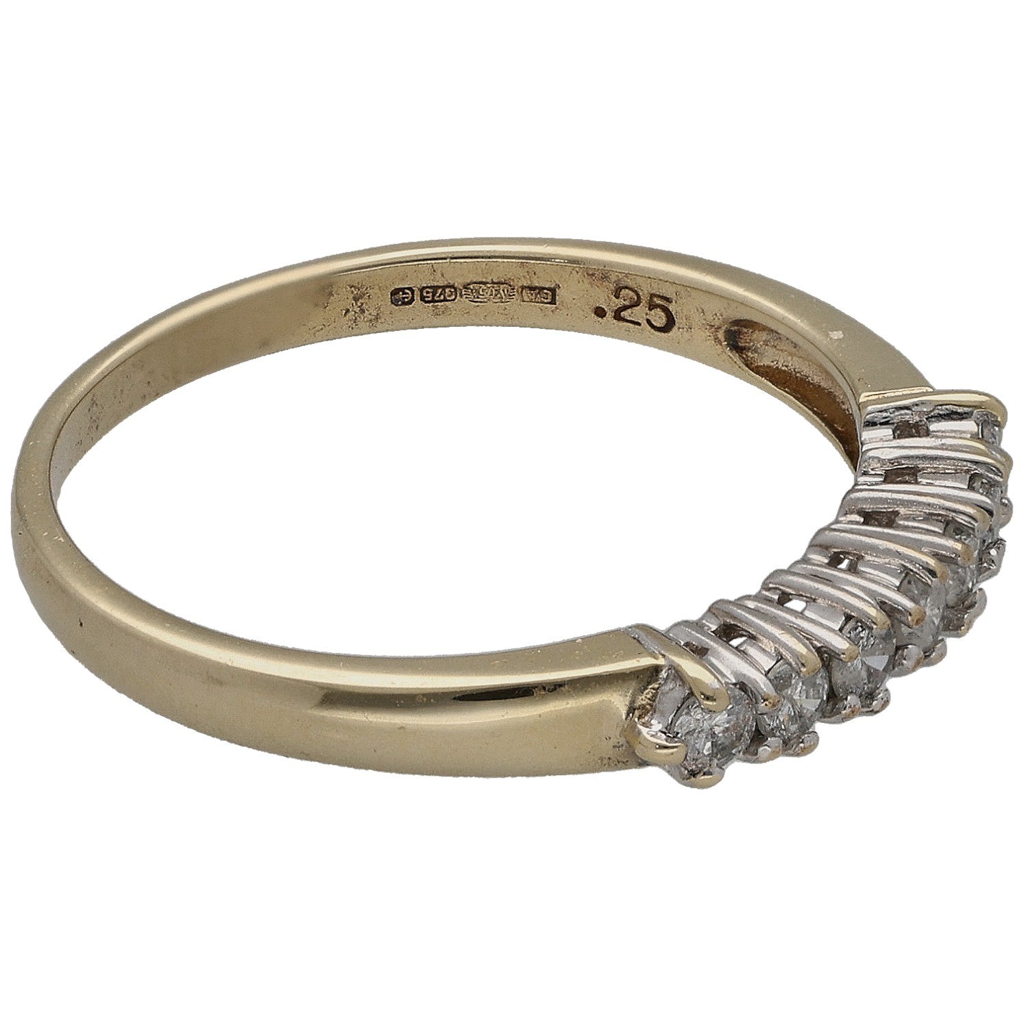 9ct gold ring side view, round diamonds prong-set along the half-eternity band
