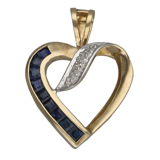 9ct Gold 0.005ct Diamond & Sapphire Heart Pendant