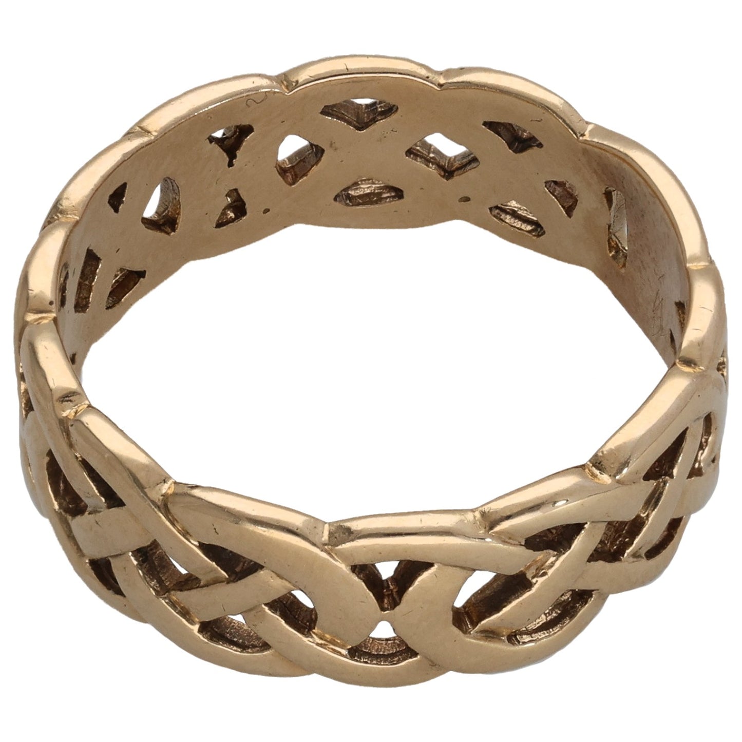Gold tone openwork ring with raised braided bands and oval cutout openings