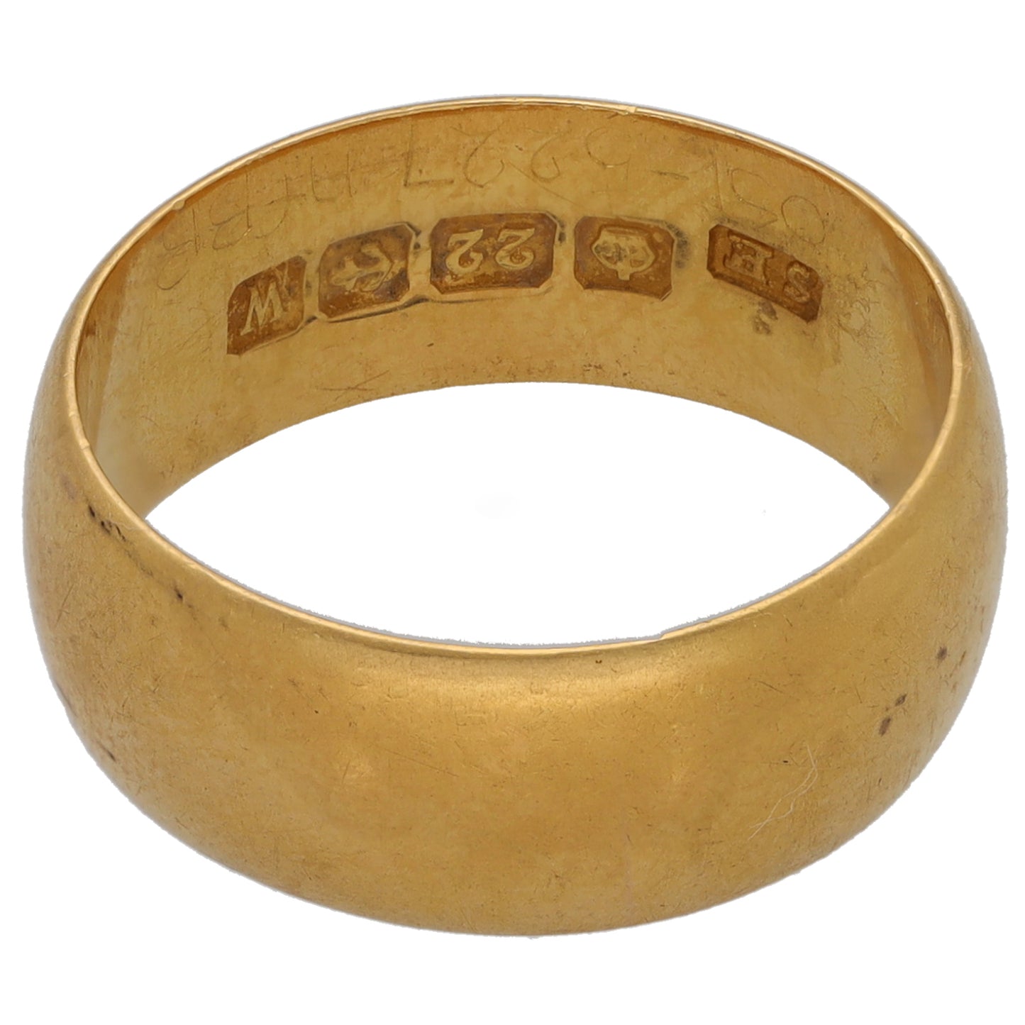 22ct gold wedding ring with inner hallmark marks, smooth band, size M