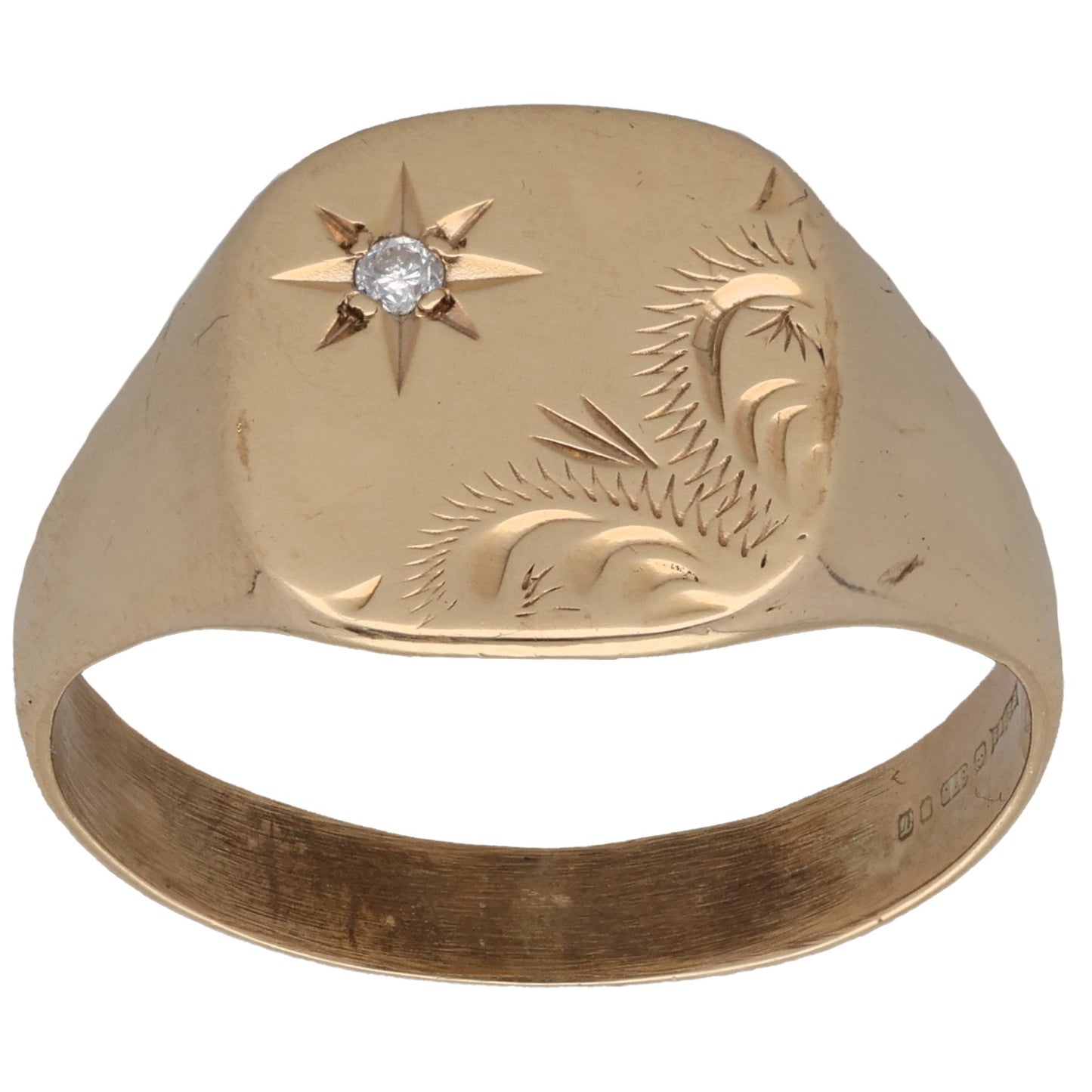 9ct Gold 0.02ct Diamond Single Stone Patterned Signet Ring Size T
