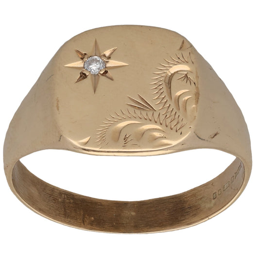 9ct Gold 0.02ct Diamond Single Stone Patterned Signet Ring Size T