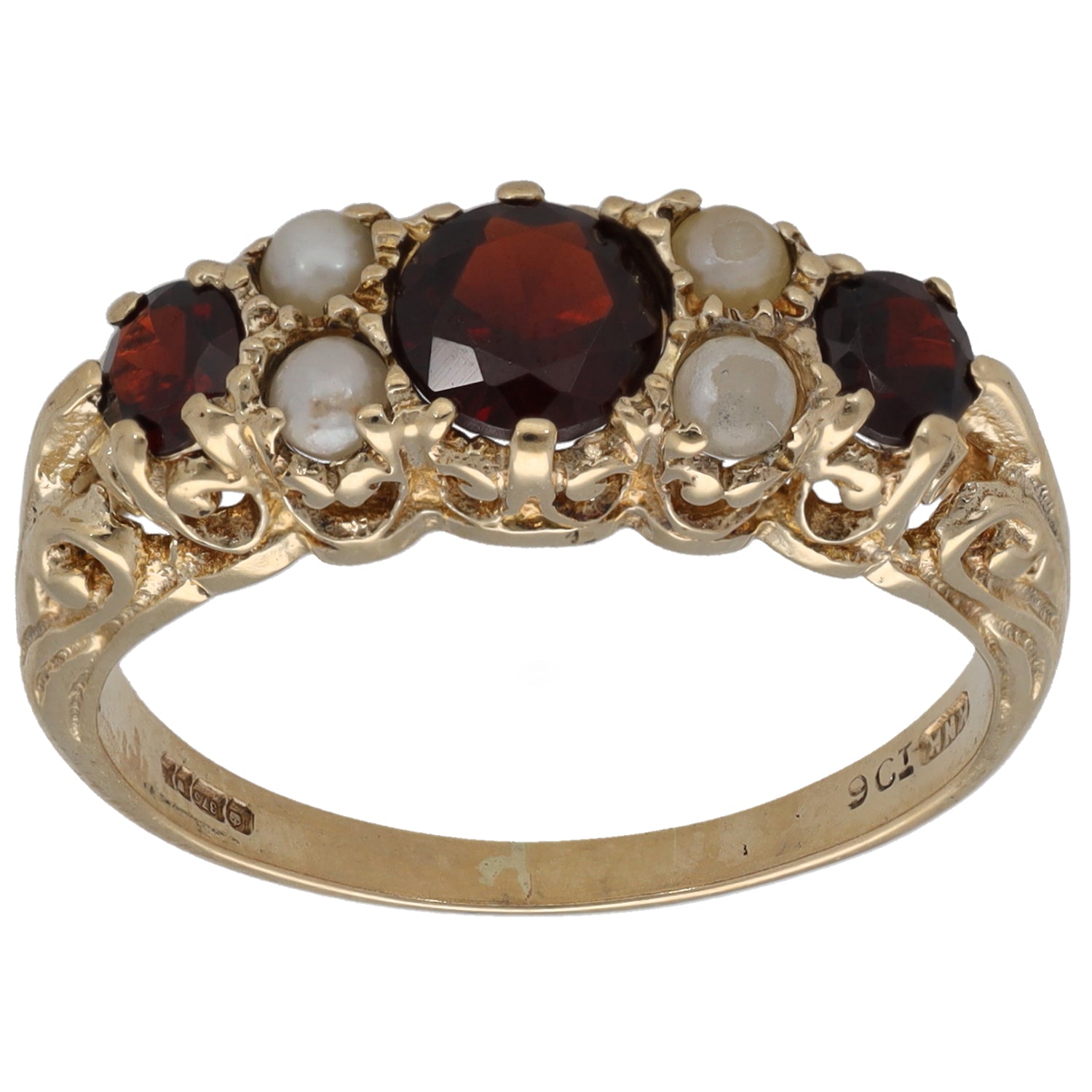 9ct gold ring with dark red garnets and white cultured pearl cluster, size O