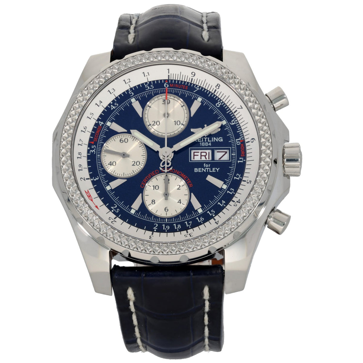 Breitling Bentley A13362 Stainless steel chronograph watch with blue dial, diamond bezel, navy leather strap