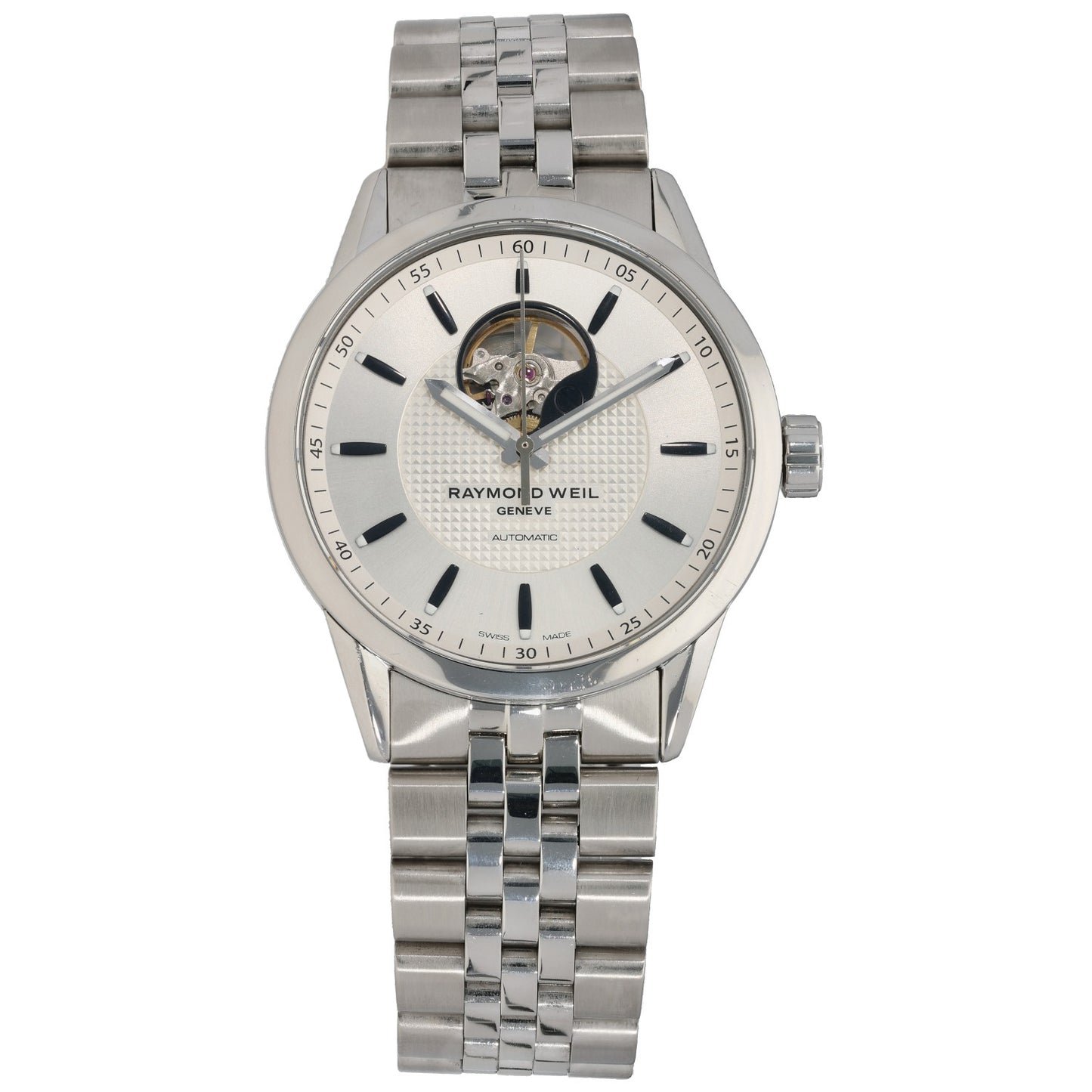 Raymond Weil Freelancer 2710 Stainless steel 42mm wristwatch, white dial with skeleton movement, metal bracelet.