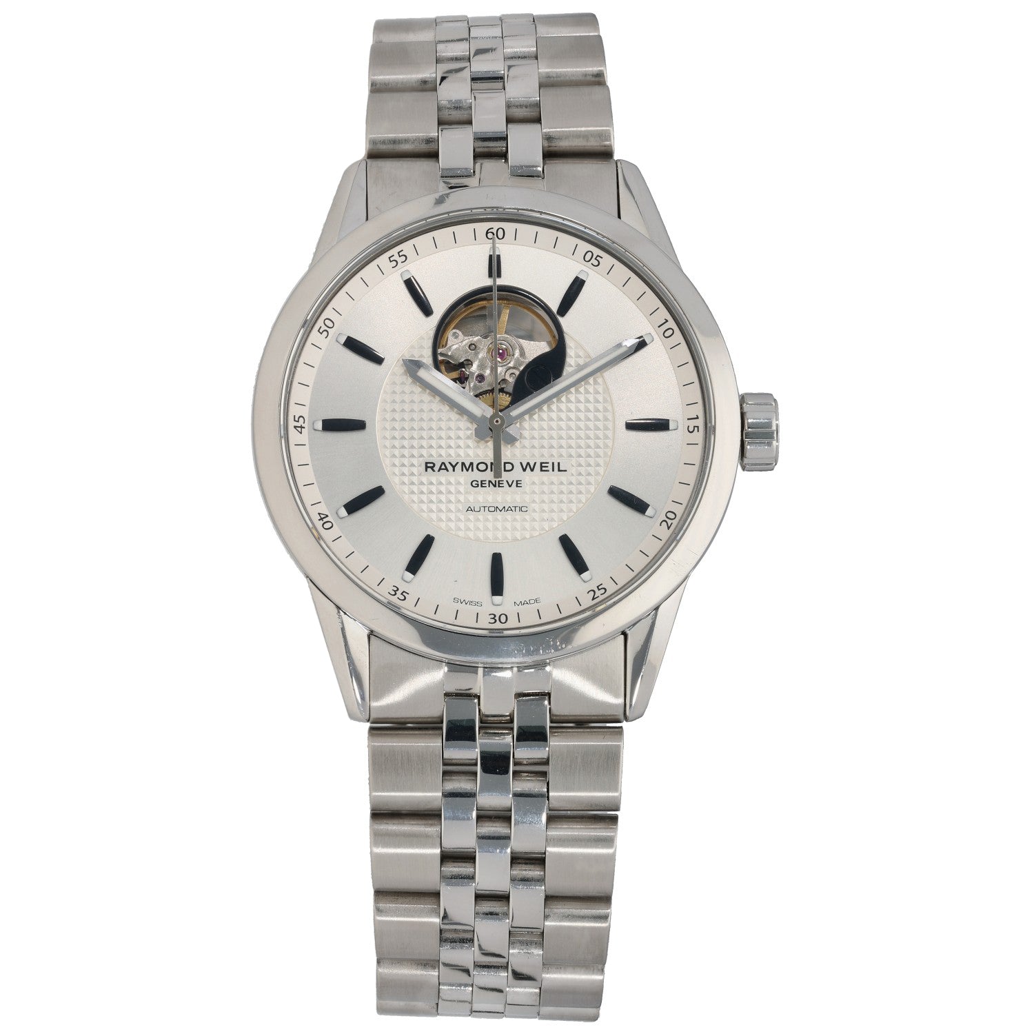 Raymond Weil Freelancer 2710 Stainless steel 42mm wristwatch, white dial with skeleton movement, metal bracelet.