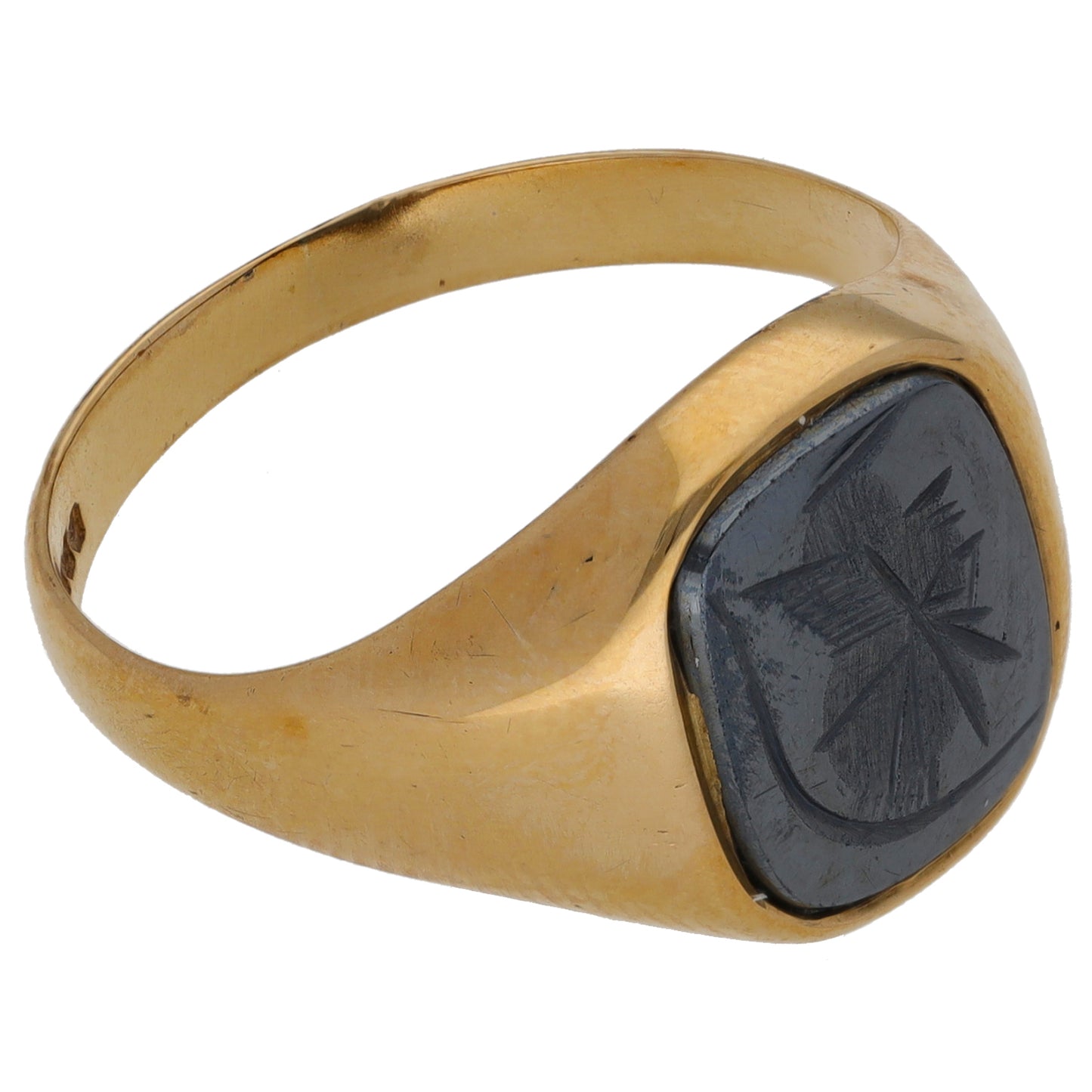 9ct Gold Hematite Crest/Emblem Single Stone Signet Ring Size S
