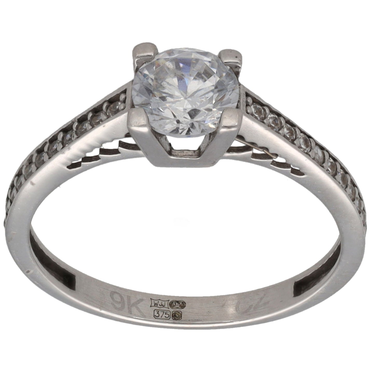 9ct White Gold Cubic Zirconia Single Stone Ring With Accents Size K