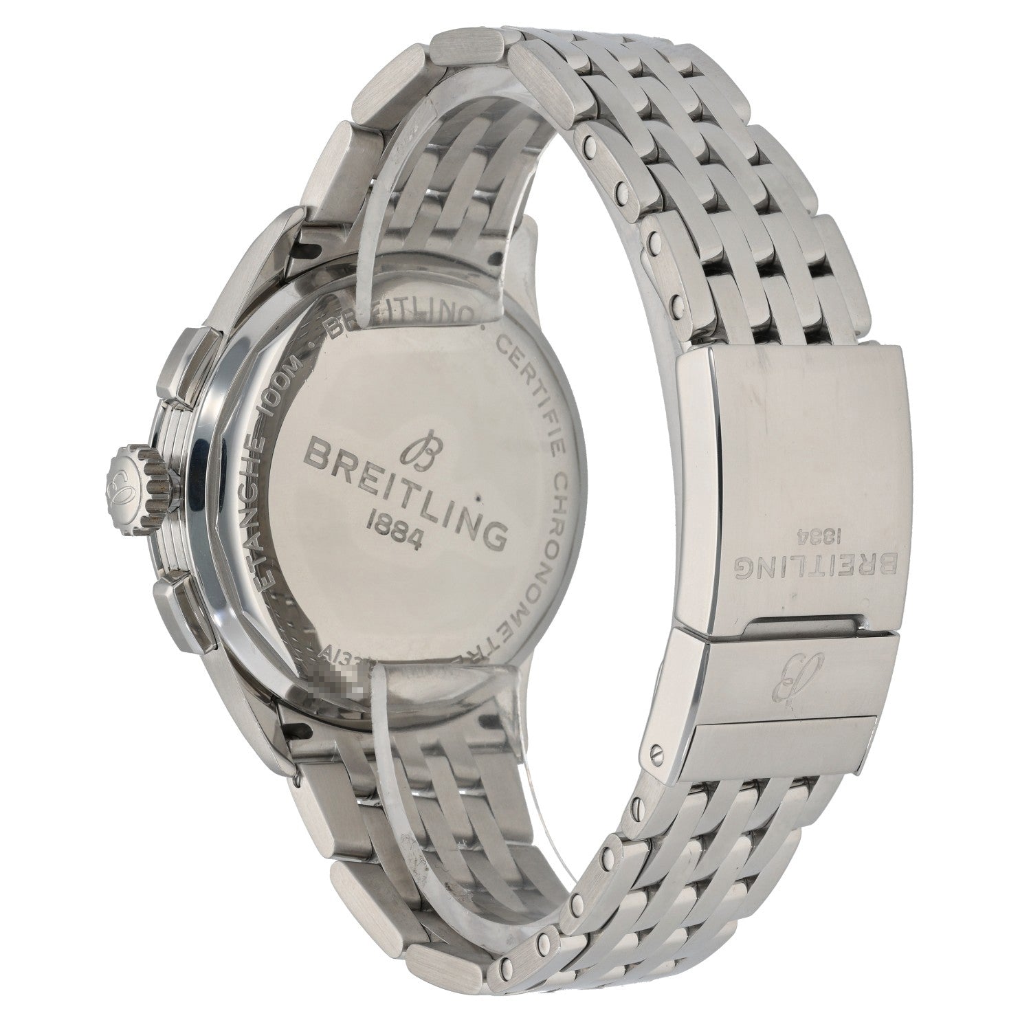 Breitling Premier A13315 Stainless steel watch case back with engraved branding and bracelet links
