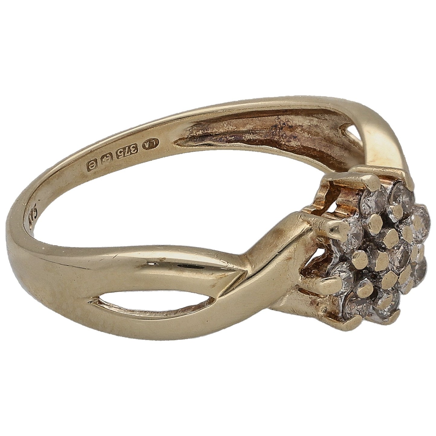 9ct yellow gold round diamond cluster ring with raised prong-set cluster