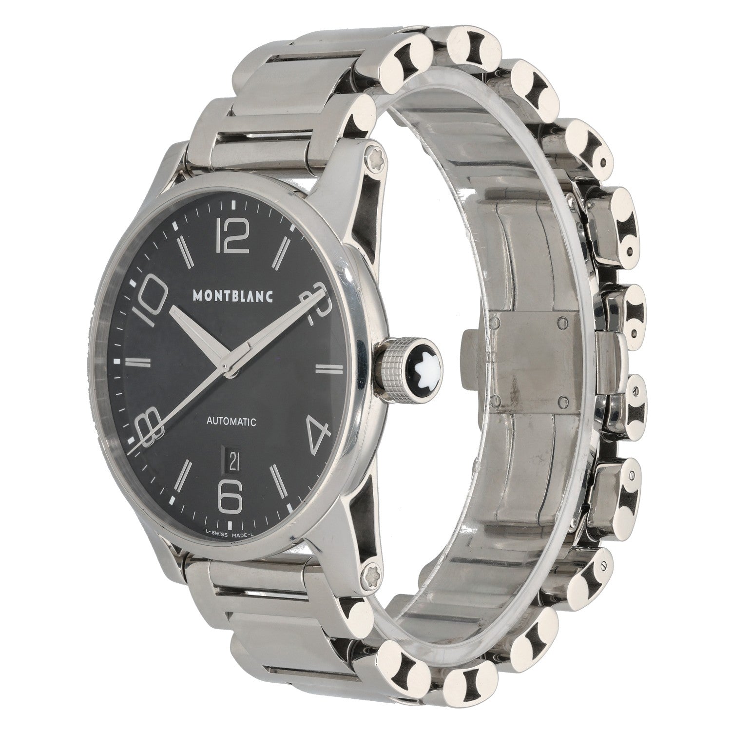 Montblanc Timewalker 7070, black dial inside 40mm stainless case and bracelet, front angle image