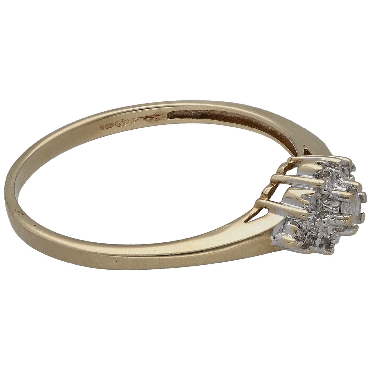 9ct gold diamond cluster ring, round halo cluster visible from side, slim band