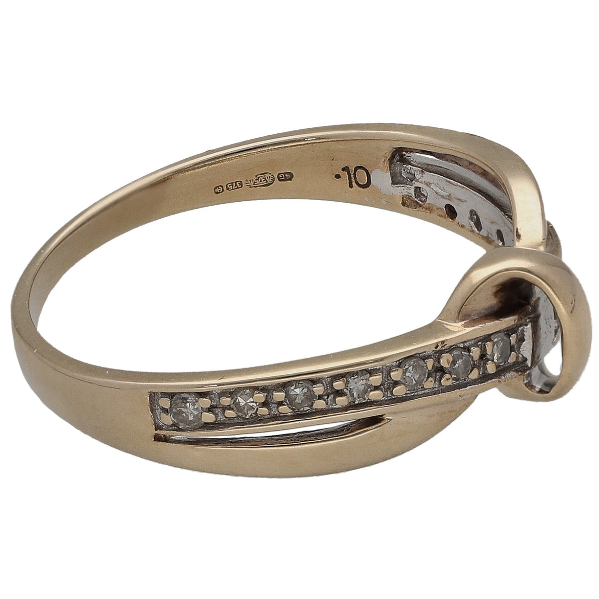 9ct gold ring, size N, side view with dark round-stone channel and raised setting