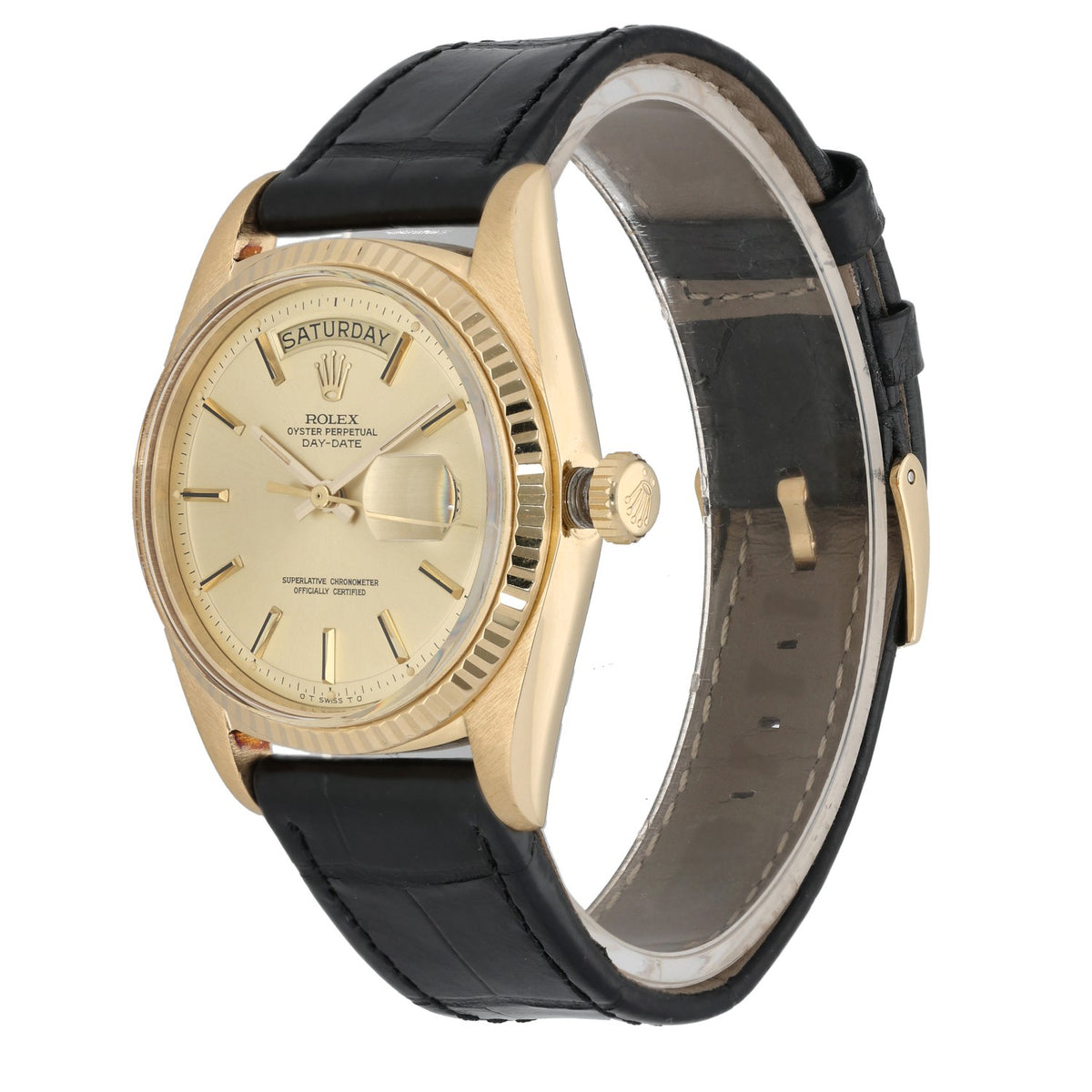 Rolex Day-Date 1803, champagne dial inside 36mm 18ct gold case, with black adjustable leather bracelet, front angle image