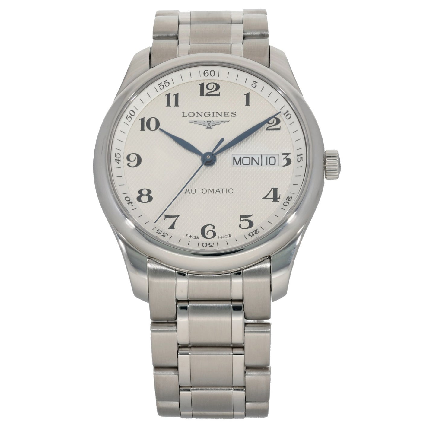 Longines Master Collection L2.755.4, with white dial inside a 38.5mm stainless steel case and link bracelet