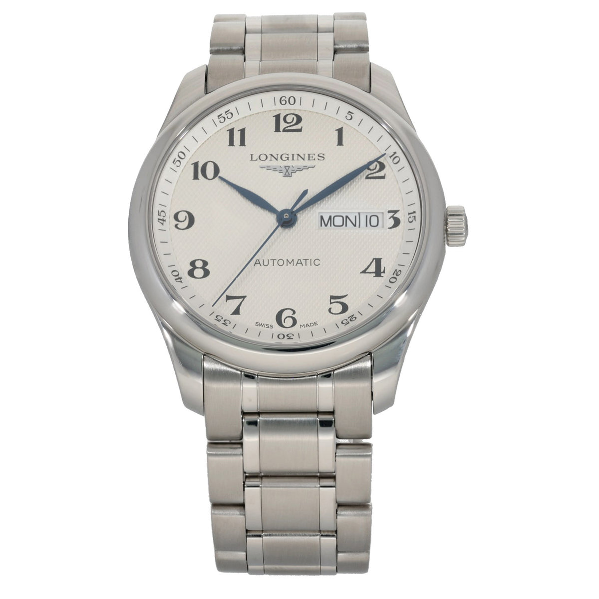 Longines Master Collection L2.755.4, with white dial inside a 38.5mm stainless steel case and link bracelet