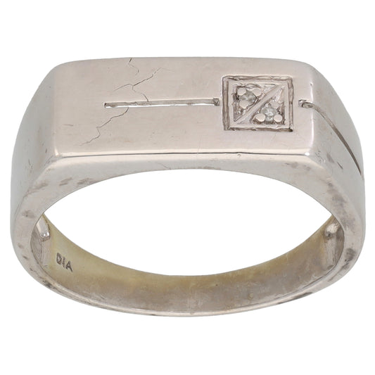 9ct White Gold 0.01ct Diamond Patterned Signet Ring Size R