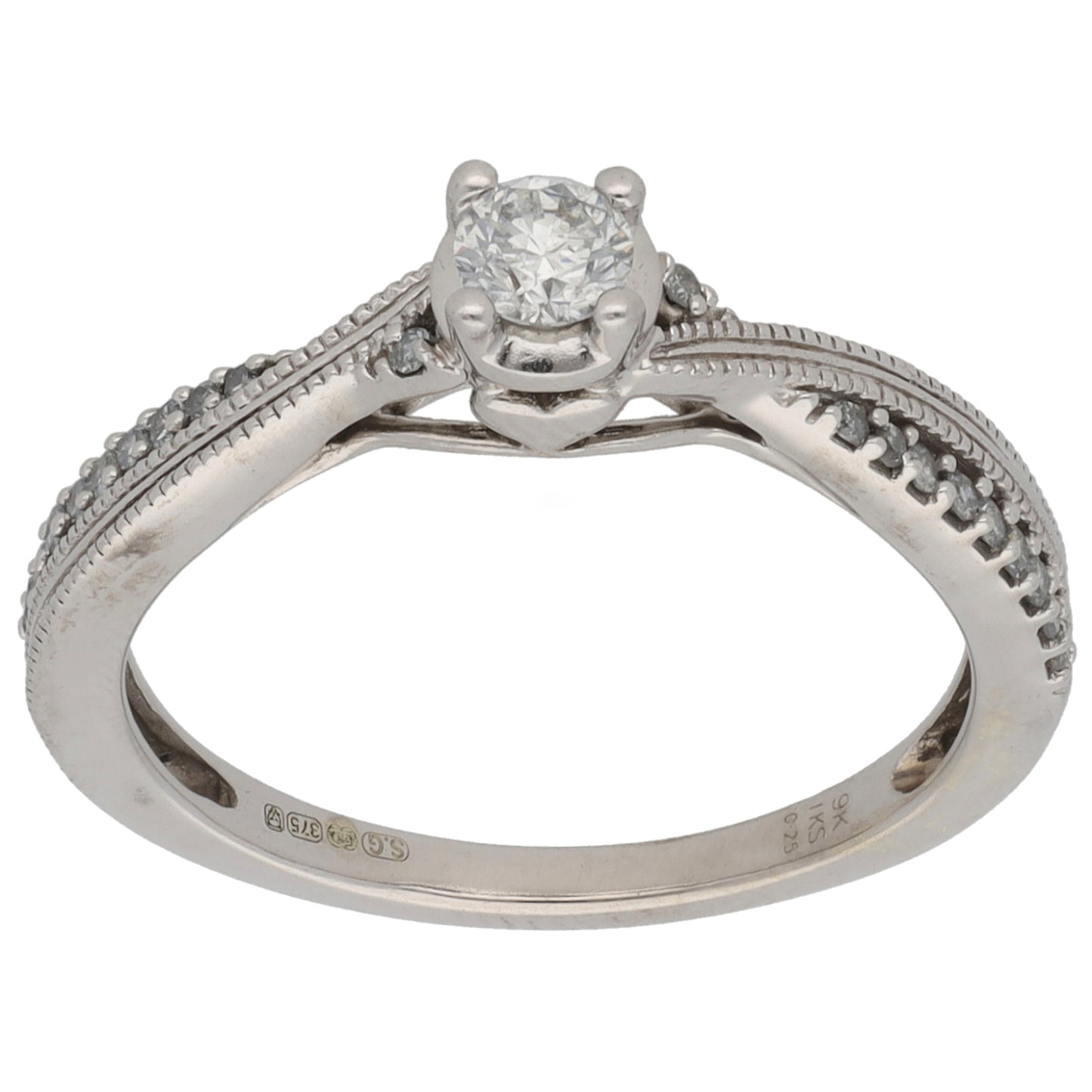 9ct White Gold 0.25ct Diamond Solitaire Ring With Accent Stones Size N