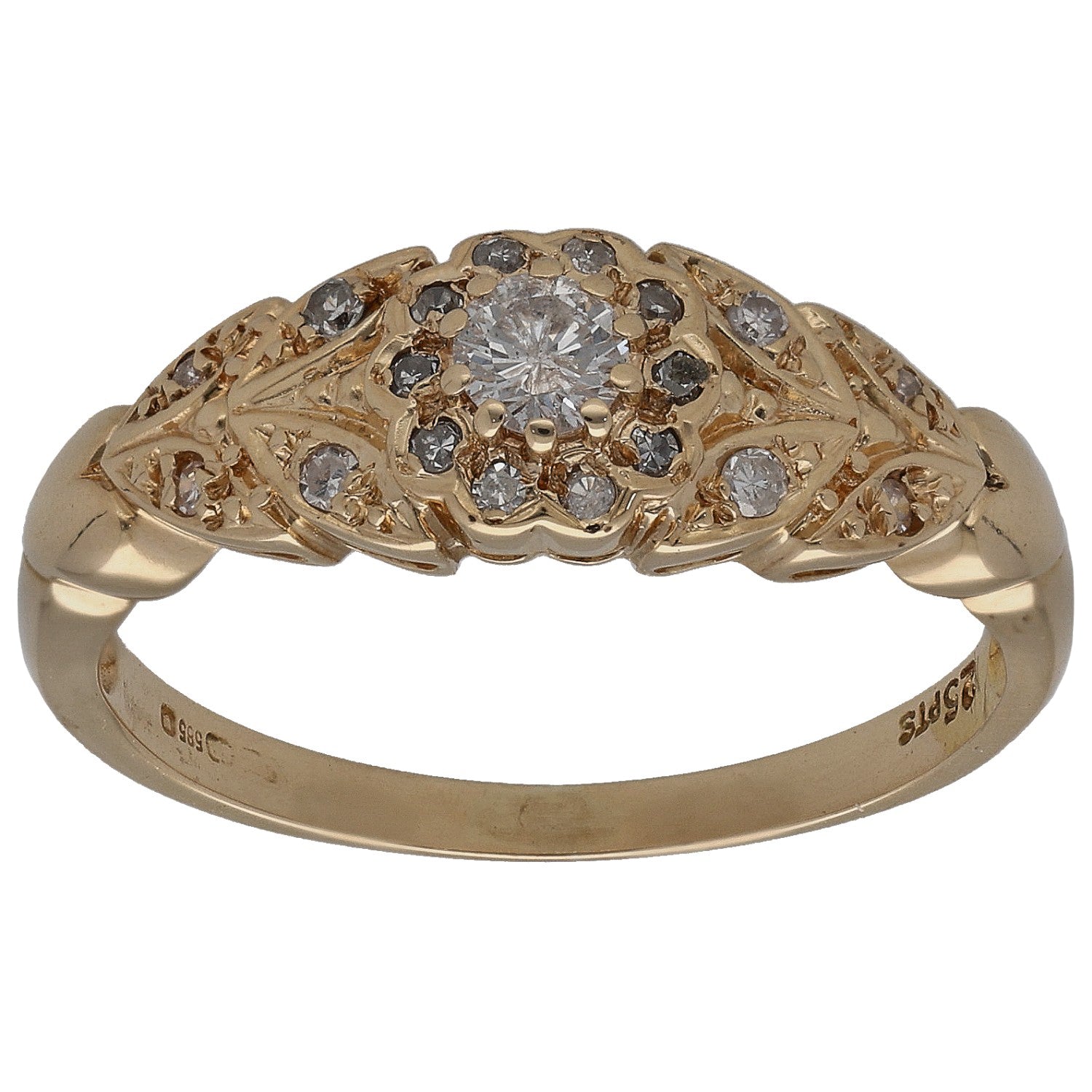 14k gold round diamond cocktail ring with clustered halo and small dark stones