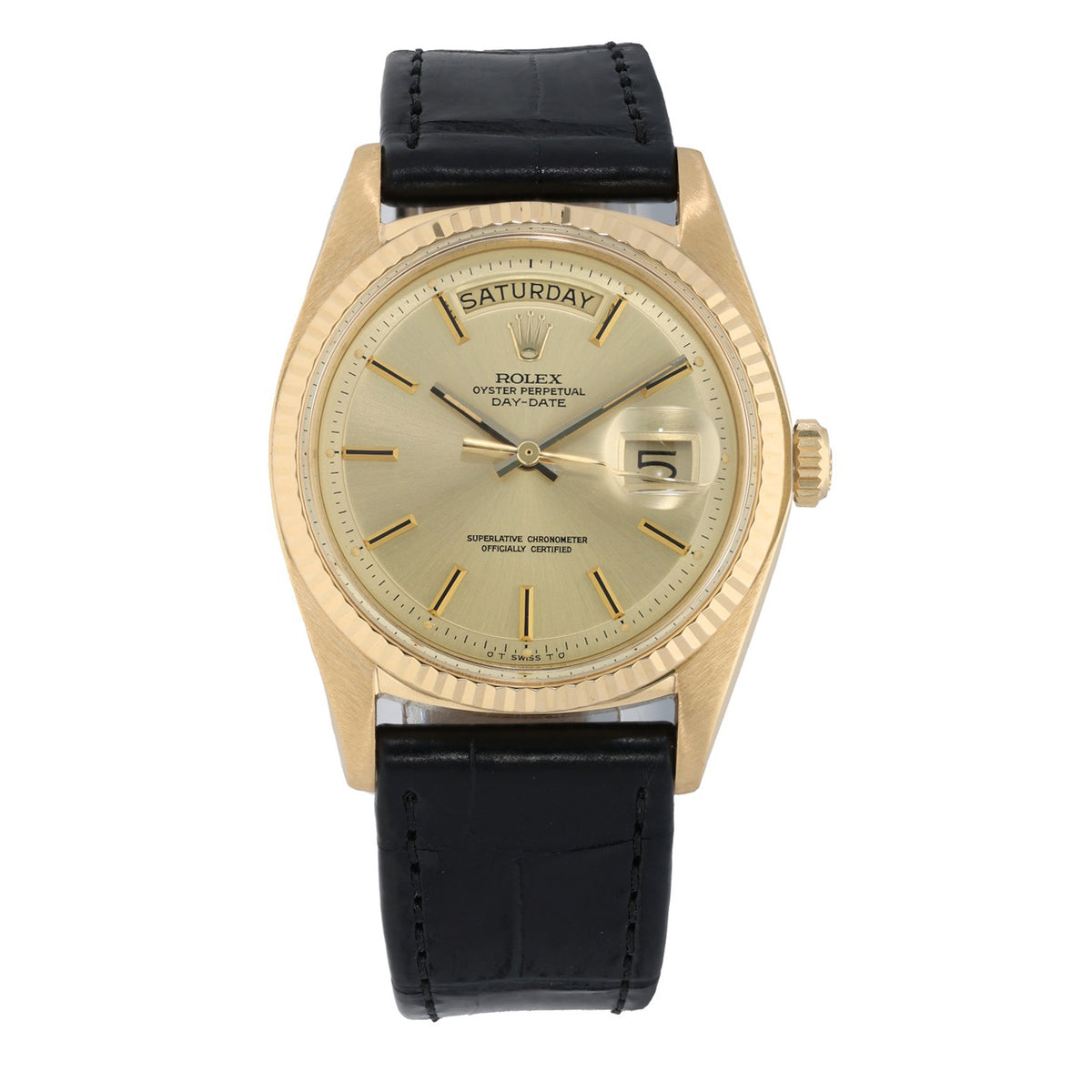 Rolex Day-Date 1803, champagne dial inside 36mm 18ct gold case, with black adjustable leather bracelet