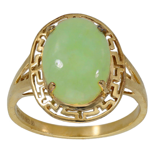 9ct gold jade single-stone ring with oval green stone and Greek-key style gallery