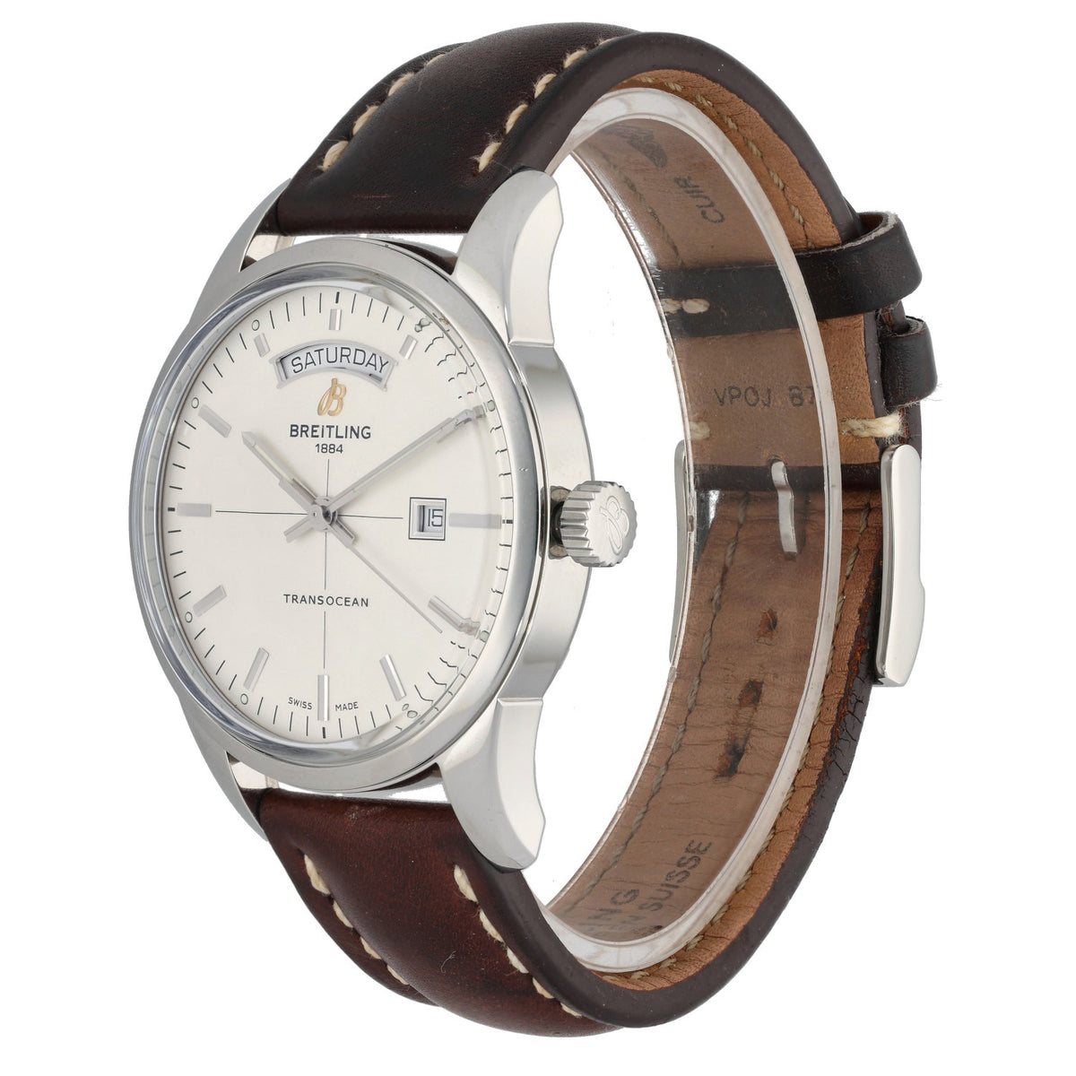 Breitling Transocean A45310 Stainless steel wristwatch with white dial and brown leather strap, side view of crown