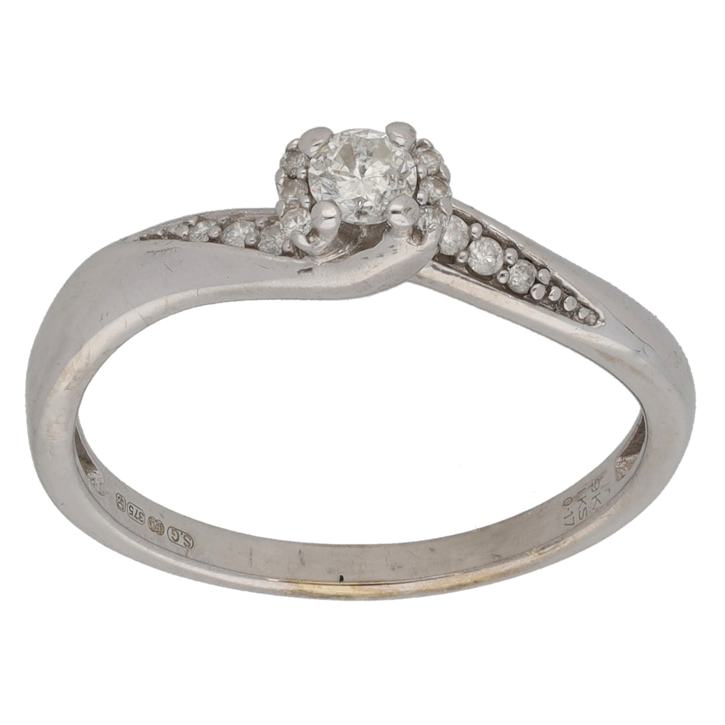 9ct White Gold 0.17ct Diamond Solitaire Ring With Accent Stones Size M